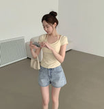 Slim Fit Cup Halter Strap Fake Layered Shirring Short Sleeve T-shirt