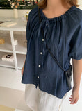 Demins Ribbon Button Denim Short Sleeve Blouse