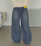 Brushed Hem Snap Jogger Wide Denim Pants