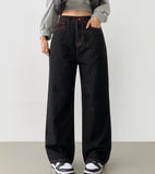 Raw Unique Red Stitch Heart Point Embroidery Wide Denim Pants