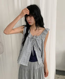 Baso Check Frill Seersucker Boat-Neck Blouse