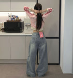 Two-Pocket Back Pocket Curved Cut Line Wide Denim Pants