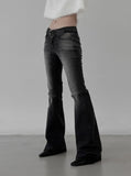 Belted washed bootcut black denim