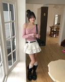 Delitte Stripe Unbalanced Shoulder Long Sleeve