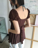 Kiaco Heart Neck Puff Ribbon Punching Short Sleeve Blouse
