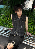 Black Denim Damage+ Sleeveless Denim Jacket
