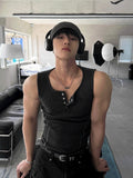 Henley Neck Side Track Muscle Fit Sleeveless