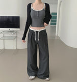 Color Matching Banding Side Zipper Pintuck Wide Slacks Pants