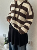 Kyuen Stripe Wool V-Neck Hood Knit