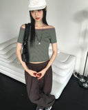 Rutot Stripe Color Matching Off-Shoulder Short-Sleeved T-Shirt