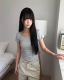 NER Deep U-Neck Round Side Shirred Short Sleeve T-Shirt
