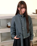 [Belt SET] Risha No Collar Strap Button Cotton Quilted Bomber Jacket
