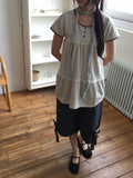 Hanami Lace U-neck Button Short Sleeve Tee