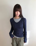 Hammy V-neck Button Layered T-shirt