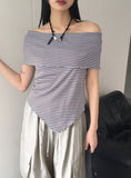 Seby Stripe Diagonal Off-Shoulder T-Shirt