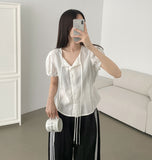 Summer Lace Pattern Puff Short Sleeve Ribbon Blouse