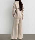 Shawl V-Neck Knit Long Wide Banding Pants Three Piece Wool Two Piece Set