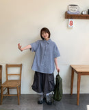 [unisex] Bubblet Stripe Linen Over Short Sleeve Shirt