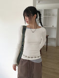 Chiss shirring layered diagonal off-shoulder long sleeve T-shirt