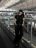 Shoulder Zipper Deep Black Short Sleeve T-shirt
