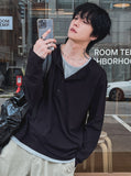 Top two-tone layered henley neck long-sleeved T-shirt