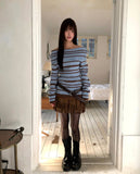 Mina Fold Slim Fit Ribbon Off-Shoulder Color Matching Stripe Knit