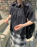 Ryuke nylon shirring collar short sleeve blouse