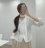 Waist Strap Neck Tie Balloon Puff Blouse