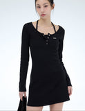 PRTN) Holter Neck Button Layered Short One Piece