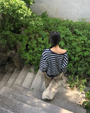 Hanky Stripe One Off Shoulder Overfit Long Sleeve Sweatshirt