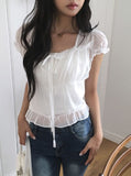 Neron Shirring Frill Ribbon Puff See-through Short Sleeve Blouse