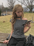 Scon Stripe Plain One-Shoulder Ribbon Short Sleeve T-Shirt