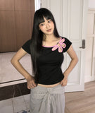 Mki Flower Slit Boat Neck Two-tone Short Sleeve T-shirt