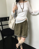 Reugan off-shoulder see-through shirring long-sleeved knitwear