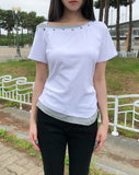Steen Wood Button Layered One-Shoulder Short Sleeve