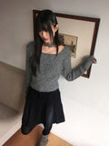 [Choker Set] Ruckle Wool Square Neck Ribbed Long Sleeve Knit