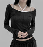 Tape see-through V-neck T-shirt