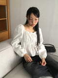 Ruson Puff Ribbon Shirred Square Neck Long Sleeve Blouse