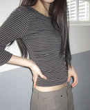 Velko Boat Neck Stripe Side Shirring Three Quarter T-shirt