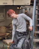 Kanden Ribbed Henley Neck Slim Long Sleeve T-shirt