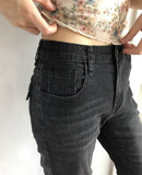 Deepin high waist hip pocket boot cut washed denim pants