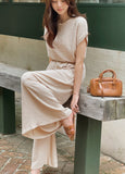 Hazel Wrinkle Short Sleeve T-Blouse Banding Wide Pants Set