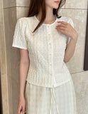 Ser Embossed Round Pearl Puff Blouse