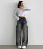 Cargo Pocket Washing Cut Line Wide Fit Denim Pants