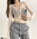 U-neck button-down see-through slim fit t-shirt