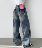 Back Point Pocket Washing Wide Fit Denim Pants