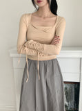 Pania Balletcore Shirring Pleated Strap Square Neck Crop Long Sleeve T-shirt