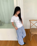 Khark Checkered Pintuck Banding Long Wide Pants