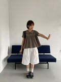Geljik Check Frill Round Short Sleeve Blouse