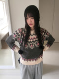 [Wool 10] Candle heart nordic color matching pattern round long sleeve knit